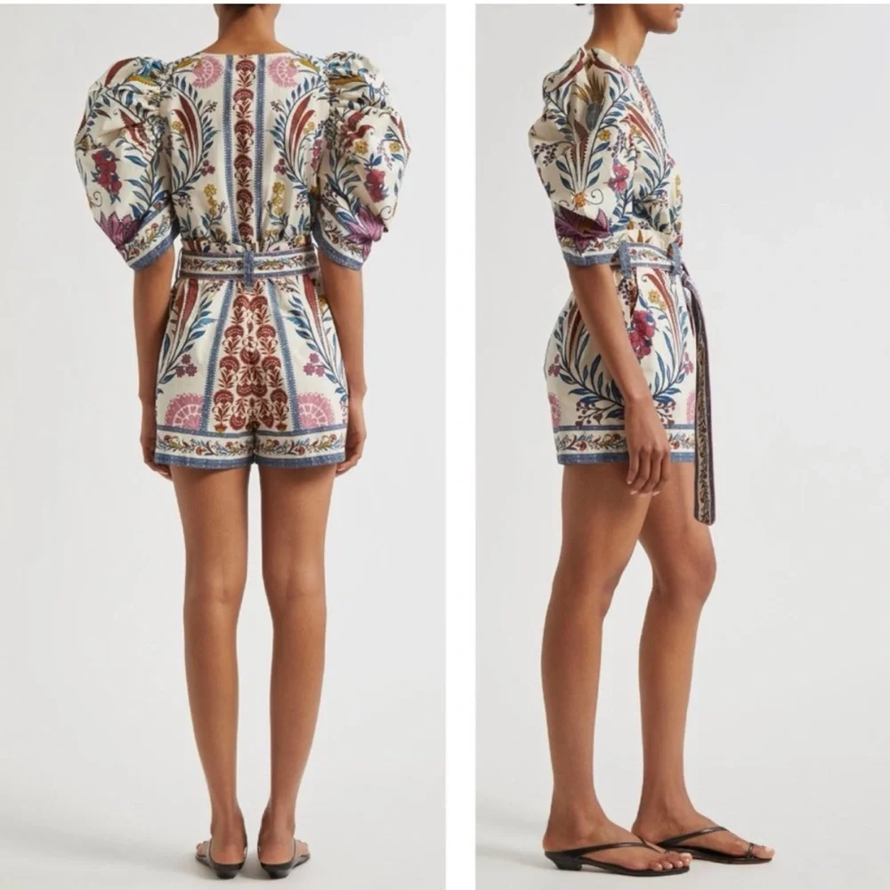 NWT FARM Rio Romantic Lightness Puff Short Sleeve Romper in Blue Pattern Size S - Picture 15 of 16